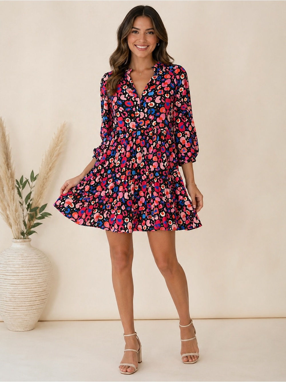 SSYS The Label Abstract Pink Floral Tiered Mini Dress - Size Large